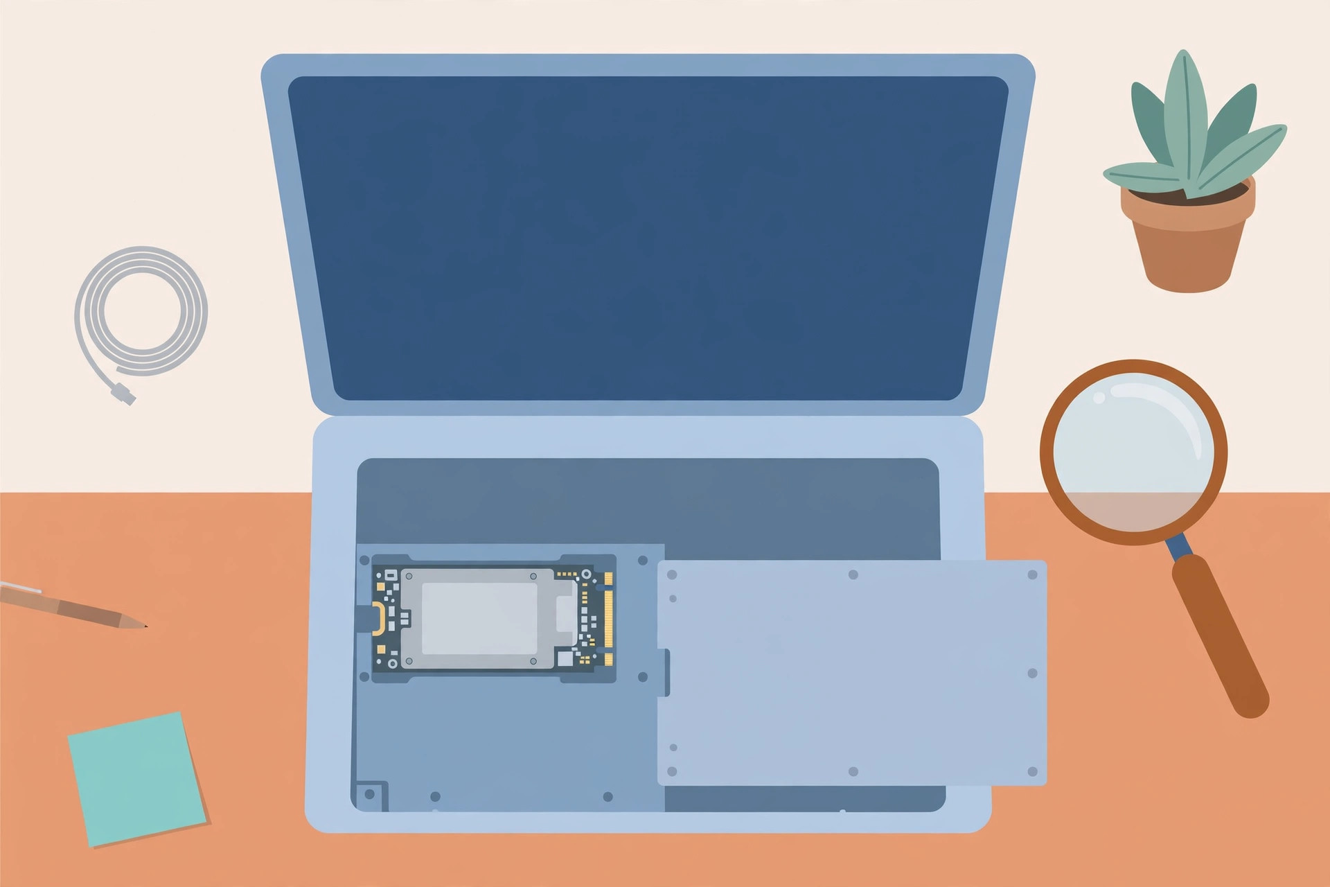 Laptop viewed from above with its storage drive exposed beside a magnifying glass on a desk