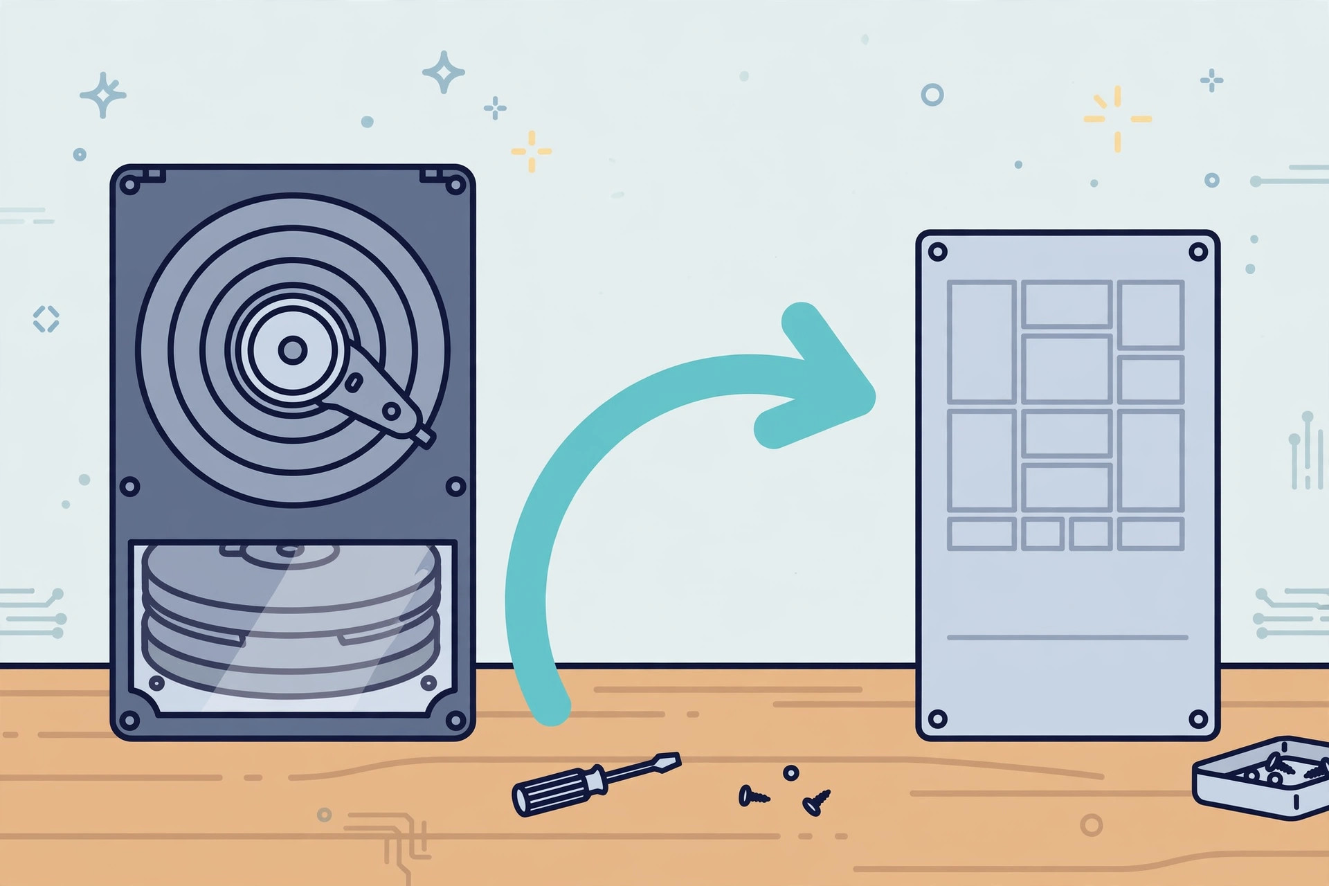 Hard disk drive and slim solid-state drive side by side with a transfer arrow between them on a workbench