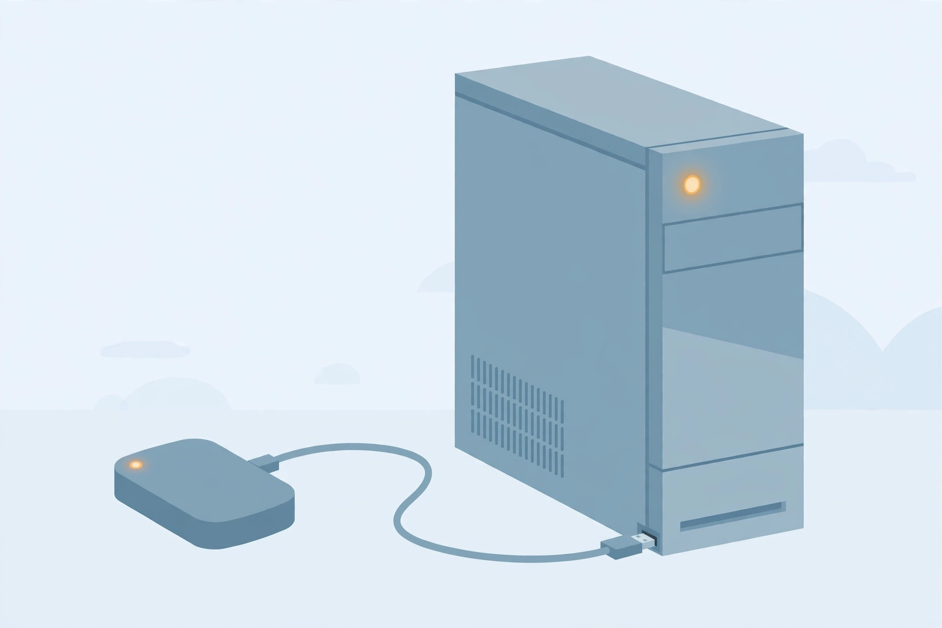 External hard drive connected by a USB cable to a desktop computer tower, both with glowing indicator lights