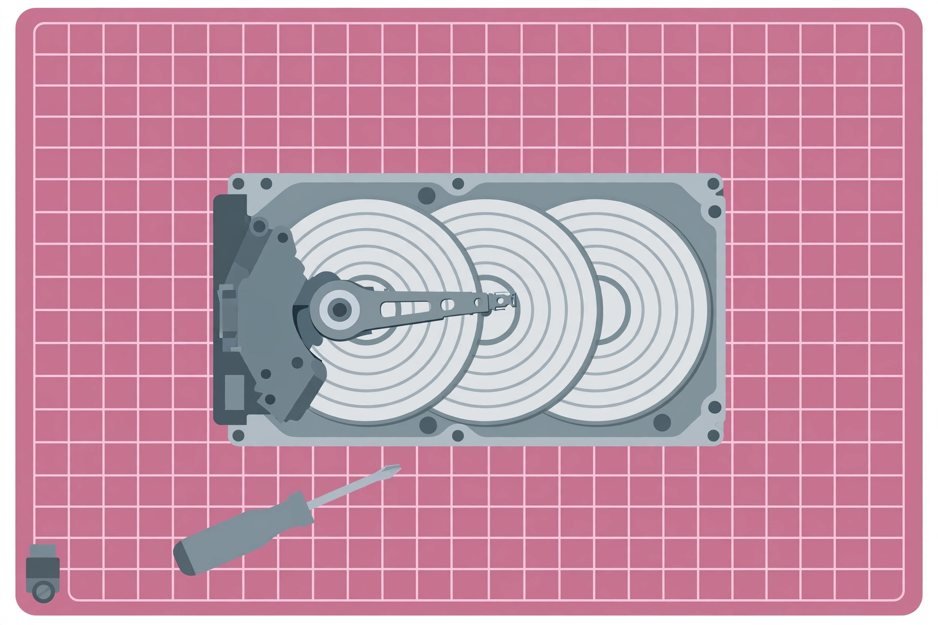 Opened hard disk drive showing platters and read-write arm on a pink work mat with a screwdriver