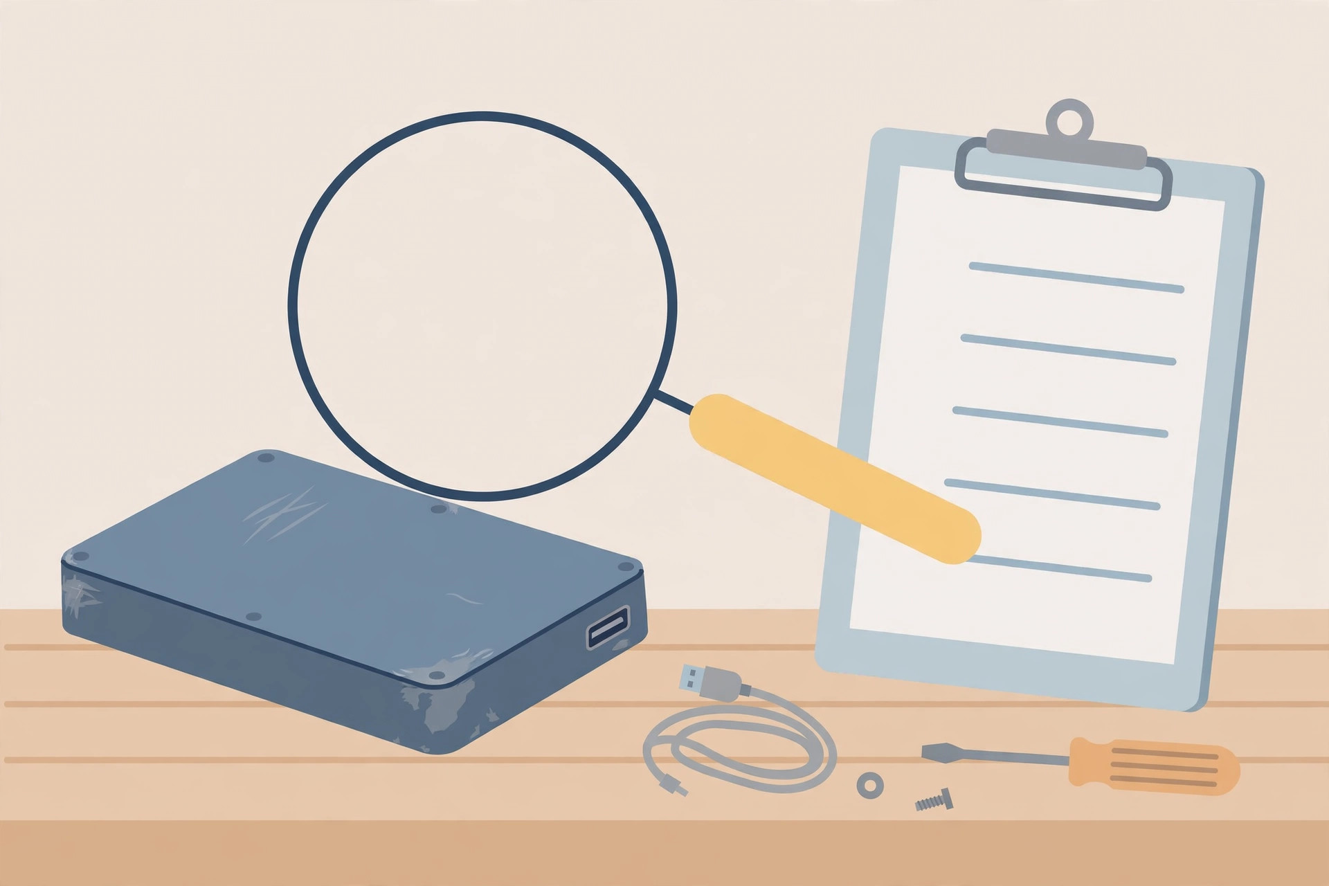 External hard drive on a workbench with a magnifying glass and a blank checklist clipboard